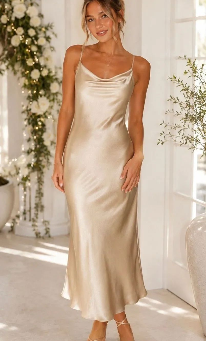ShowโMe Your Mumu Verona Cowl Satin Slip Dress Champagne Gold M Made USA